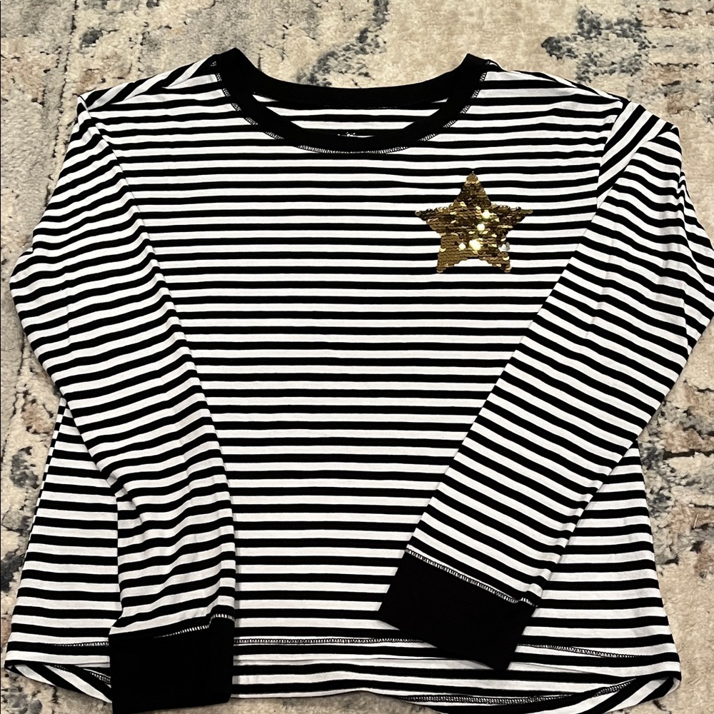 Justice Black and White Striped Tee with Gold Star